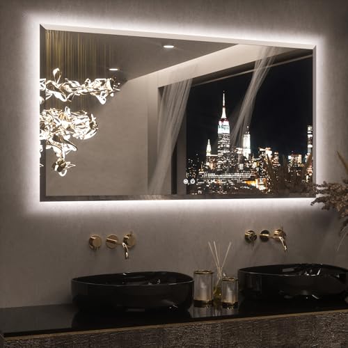 Keonjinn 55 x 30 Inch Backlit Bathroom Mirror with Lights, Beveled Large Lighted Vanity Mirror for Wall, HD Tempered Glass, Safe Defogging, UL-Listed, 3000K/4500K/6500K, Big Frameless LED Mirror - color: Backlit Beveled Edge, size: 30"L x 55"W