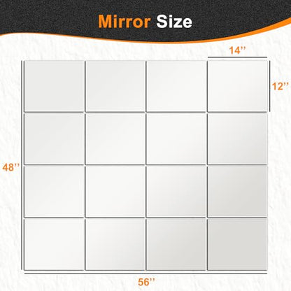 Home Gym Mirror Tiles, 14'' x 12'' Glass Frameless Mirror | 16 PCS, For Home Gym, Bedroom, Door, Bathroom - size: 14''x12''-16PCS