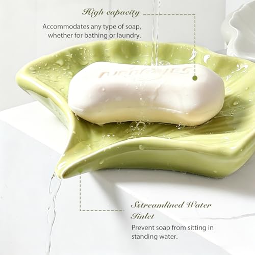 Ceramic Soap Holder, Seashell Self-Draining Soap Tray for Sink, Bathroom, Shower, Small Elegant Glazed Soap Dish, Easy to Clean (Green) - color: Green
