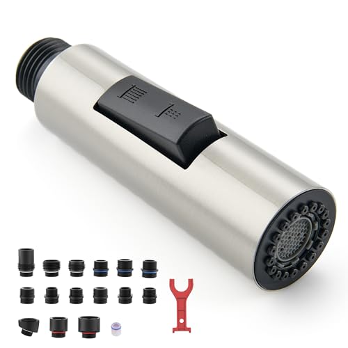 Metal Kitchen Faucet Head Replacement with 15 Adapters | 2-Mode Pull Down Kitchen Faucet Spray Head, High Pressure Sink Sprayer Nozzle Stainless Steel, Brushed Nickel - color: Brushed Nickel