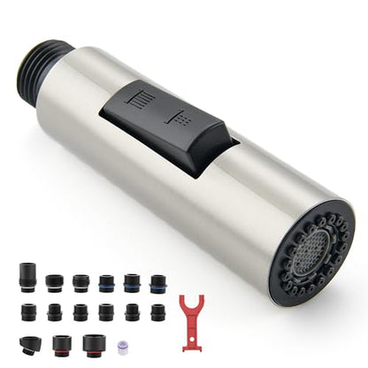 Metal Kitchen Faucet Head Replacement with 15 Adapters | 2-Mode Pull Down Kitchen Faucet Spray Head, High Pressure Sink Sprayer Nozzle Stainless Steel, Brushed Nickel - color: Brushed Nickel