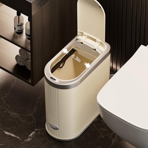 UFORU Touchless Motion Sensor Trash Can, 3.2 Gallon Automatic Bin, Beige | Slim Profile, Space-Saving Design, Lidded Design, Bathroom, Office and Kitchen Use, Placement in Corners and Small Spaces