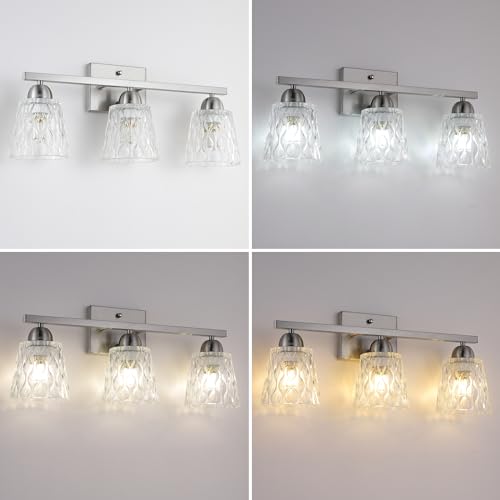 Mecgirn Stainless Steel Bathroom Vanity Light Over Mirror, 3 Light Brushed Nickel Bathroom Light Fixtures with Textured Glass Shades, Modern Vanity Lighting Wall Mount - color: Brushed Nickel, size: 3 Light