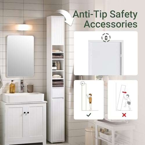 SoBuy Tall Narrow Storage Cabinet, Skinny Bathroom Cabinet with Adjustable Shelves Slender, Anti-Tipping Floor Standing Cupboard, Pinstripe White BZR160-W | BZR160-W Bathroom Cabinet with Doors, Drawer and Adjustable Shelves, Standing Bathroom Shelf, Whit