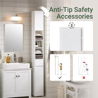 SoBuy Tall Narrow Storage Cabinet, Skinny Bathroom Cabinet with Adjustable Shelves Slender, Anti-Tipping Floor Standing Cupboard, Pinstripe White BZR160-W | BZR160-W Bathroom Cabinet with Doors, Drawer and Adjustable Shelves, Standing Bathroom Shelf, Whit