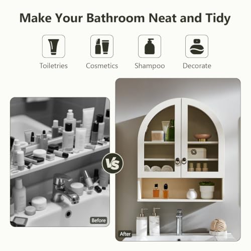 IFGET Bathroom Arched Wall Cabinet, 23.6'' Wide Medicine Cabinet with Adjustable Shelves & Glass Doors, Over The Toilet Storage Wall Mount Cabinet for Laundry Room,Kitchen & Living Room, Antique White - color: Antique White