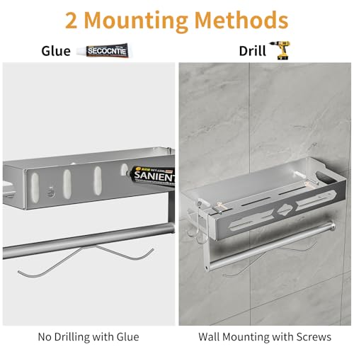 Stylish Kitchen Paper Towel Holder with Shelf - Adhesive Hand Towel Holder | Wall Mount Toilet Paper Holder Rack for Bathroom, Rust-Resistant Matte Grey Finish for RV , Easy One-Handed Operation Design - color: Gray