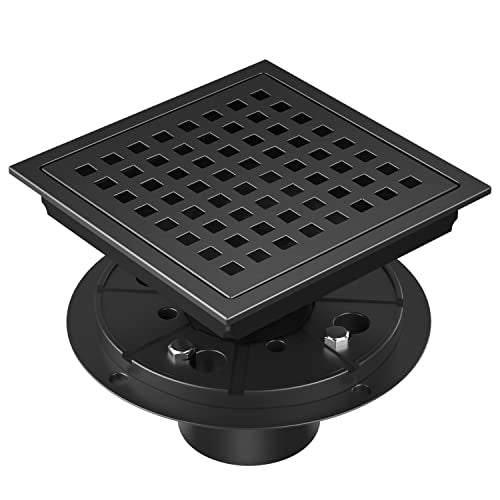 EXF 6-Inch Square Shower Floor Drain Matte Black with ABS Flange | Stainless Steel, Anti-Clog, Removable Grid Grate Hair Strainer, for Modern Bathroom Remodel - color: Matte Black, size: 6IN