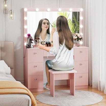 VOWNER Vanity with Lighted Mirror - Makeup Vanity Desk with Glass Top, 7 Drawers and Power Outlet, 3 Color Lighting Modes Adjustable Brightness, 44" Vanity Table with Stool for Women Girls, Pink - color: Pink