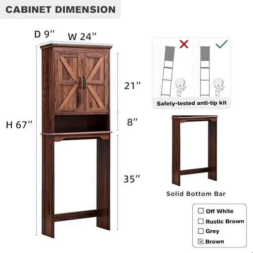 67" Tall Farmhouse Over The Toilet Storage Bathroom Cabinet, Brown | Double Barn Doors, Adjustable Shelf, Open Cubby, Weathered Finish - color: Brown