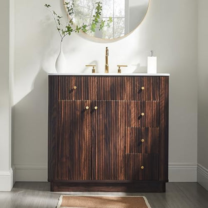 T4TREAM 36" Fluted Bathroom Vanity with Single Sink, Dark Walnut | Integrated Ceramic Sink, Large Storage Cabinet, Adjustable Shelf, 3 Drawers, Three pre-drilled faucet holes, Mid-Century - color: Dark Walnut, size: 36" (Single Sink)