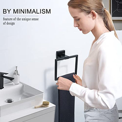 TQKAG Matte Black Towel Ring, Bathroom Hand Towel Holder, Wall Mount | 5.5 Inch, Square Towel Ring, SUS304 Stainless Steel, Easy Installation, Bathroom Kitchen Entryway Vanity Sink - color: Black