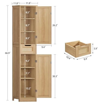 Iwell Tall Bathroom Cabinet, Slim Narrow Storage Cabinet with Adjustable Shelves, Rattan Cabinets with 1 Drawer, for Bathroom, Living Room, Entryway, Kitchen, Nature - color: Natural,1drawer