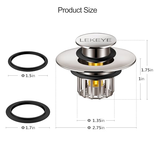 LEKEYE Tub Stopper | Shower Drain Hair Catcher | Pop-up Drain Stopper with Strainer | Bathroom Bathtub Plug | Drain Protector for 1-1/2 to 1-3/4" Bath Drain Hole - Brushed Nickel - color: Brushed Nickel