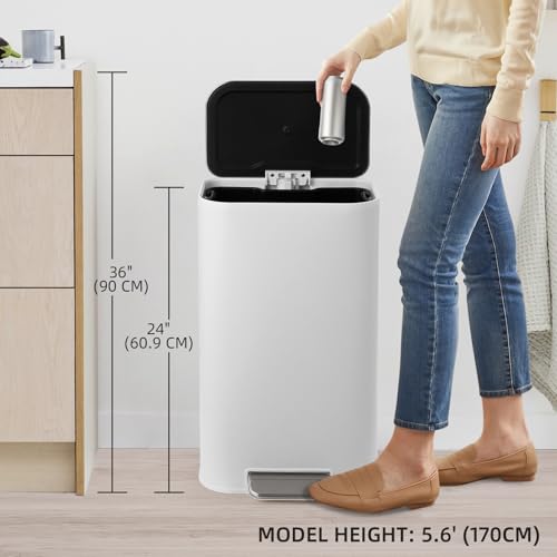 GarveeHome 8 Gal Kitchen Trash Can, Stainless Steel Garbage Can, White | Soft Close Lid, Hands-Free Foot Pedal, Removable Inner Bucket, Rectangular Step On Waste Bin for Home Office Living Room - color: White, size: 30 L