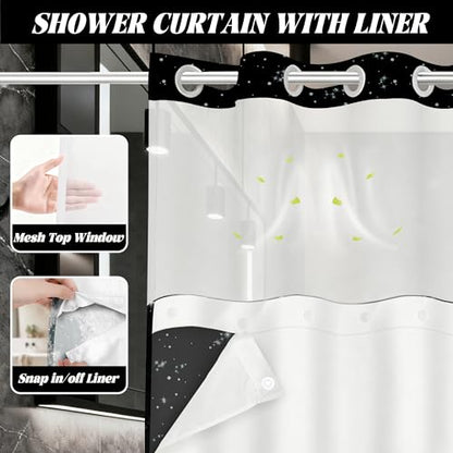 Star Moon Hookless Shower Curtain with Snap in Liner, Space Black and White Watercolor Night Sky Galaxy No Hook Double Layer Shower Curtains and Liner Set, Waterproof Cloth Fabric 71" W X 74" L - color: Black, size: 71"W x 74"L (Pack of 1)