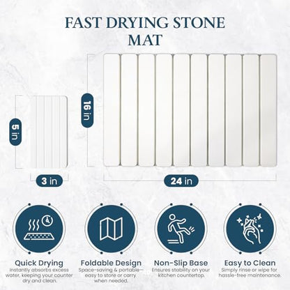 Stone Drying Mat for Kitchen Counter 24"×16"with Water Absorbent Coaster | Foldable Quick Dry Mats for kitchen Dishes, Non Slip Quick Drying Diatomaceous Earth For Any Countertop