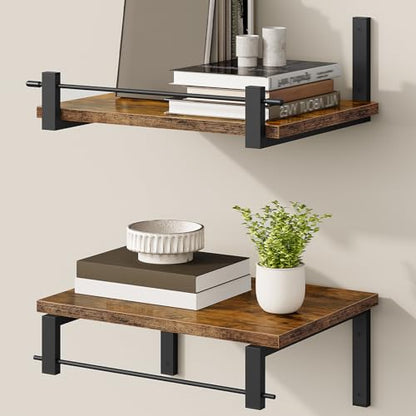Deep Floating Shelves for Wall, 12 inch Wall Mounted Shelves Set of 2, Wide Floating Shelves for Living Room, Bedroom, Study, Bathroom, Rustic Brown and Black TBJ02P2BF - color: Rustic Brown + Black