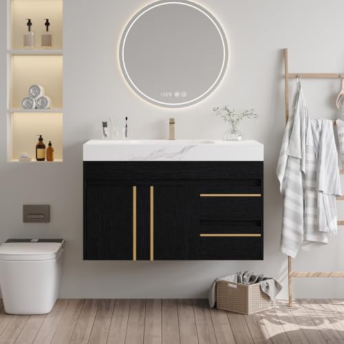36" Floating Bathroom Vanity with Sink, Modern Wall Mounted Floating Vanity Cabinet with Double Soft-Close Doors and 2 Drawers, Ceramic Sink and Faux Marble Top, White - color: White