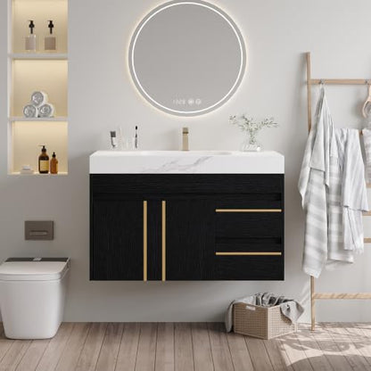 36" Floating Bathroom Vanity with Sink, Modern Wall Mounted Floating Vanity Cabinet with Double Soft-Close Doors and 2 Drawers, Ceramic Sink and Faux Marble Top, White - color: White
