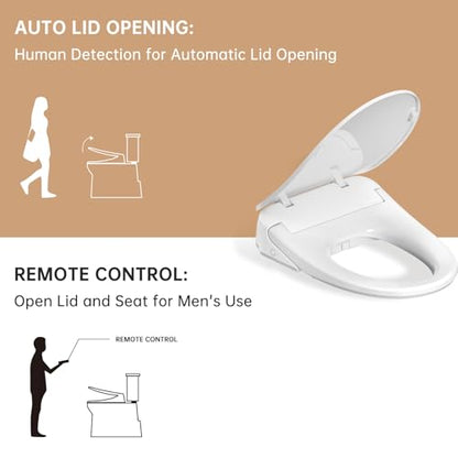 Auto Open Close Bidet Toilet Seat, Elongated with Endless Warm Water, Seat Heating, Night Light, Warm Air Dryer, Advanced Bidet Attachment for Toilets