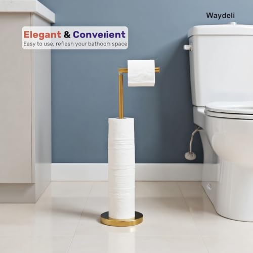 Toilet Paper Holder Gold, Freestanding Toilet Paper Holder Stand with Reserve for 4 Spare Rolls, Sturdy Base, Toilet Tissue Paper Roll Storage Shelf (Stainless Steel Base, Gold)