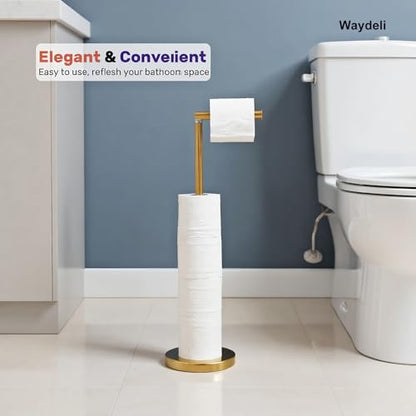 Toilet Paper Holder Gold, Freestanding Toilet Paper Holder Stand with Reserve for 4 Spare Rolls, Sturdy Base, Toilet Tissue Paper Roll Storage Shelf (Stainless Steel Base, Gold)