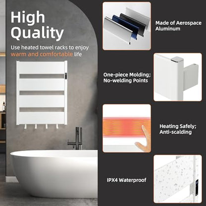 K&KALONZO Electric Heated Towel Rack, 2-Min Heat, Plug-in/Hardwired, H4-W | Wall Mounted, 10 Timers & 3 Heat Levels, 2H Rapid Dry, Anti-Scald, Aerospace Aluminum Towel Warmer for Bathroom, 4 Hooks, - color: White, size: 4-Bar