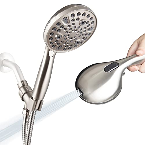 High Pressure Handheld Shower Head, 10-Setting Showerhead, 4.7”Detachable Showerhead Set with 5ft Hose, Adjustable Bracket and Built-in Power Wash to Clean Tub, Tile & Pets - Brush Nickel - color: Brush Nickel