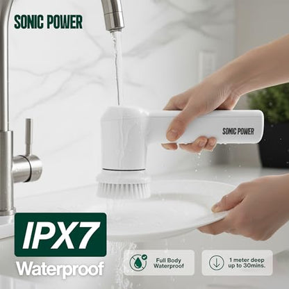 SonicPower Electric Spin Scrubber – Handheld & Ergonomic, IPX7 Waterproof, 4 Multi-Purpose Brush Heads, Long-Lasting Rechargeable Battery – Cleans Dishes, Bathroom, Tile, Grout & Kitchen (White) | Hard, Corner, Scour, Sponge - color: White