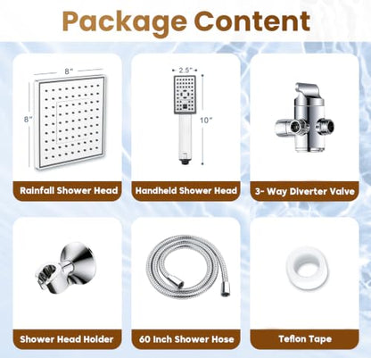 BRIGHT SHOWERS Rain Shower Head with Handheld Spray, 8 Inch High Pressure Rainfall Shower Head Combo with 60” Hose, Adjustable Dual Square Showerhead with 3-Way Diverter, Wall Bracket, Chrome - color: Chrome, style: Dual Shower Head