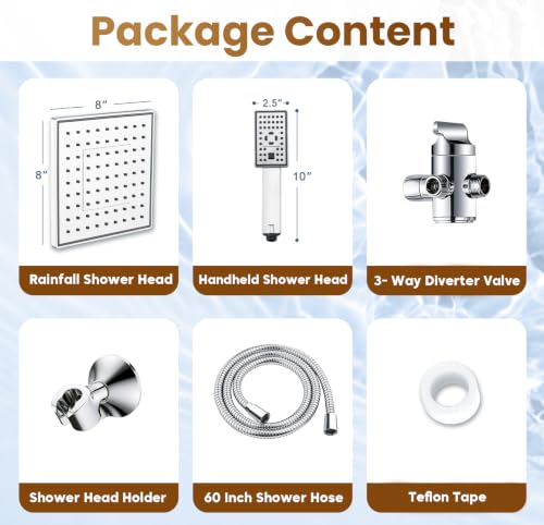 BRIGHT SHOWERS Rain Shower Head with Handheld Spray, 8 Inch High Pressure Rainfall Shower Head Combo with 60” Hose, Adjustable Dual Square Showerhead with 3-Way Diverter, Wall Bracket, Chrome - color: Chrome, style: Dual Shower Head