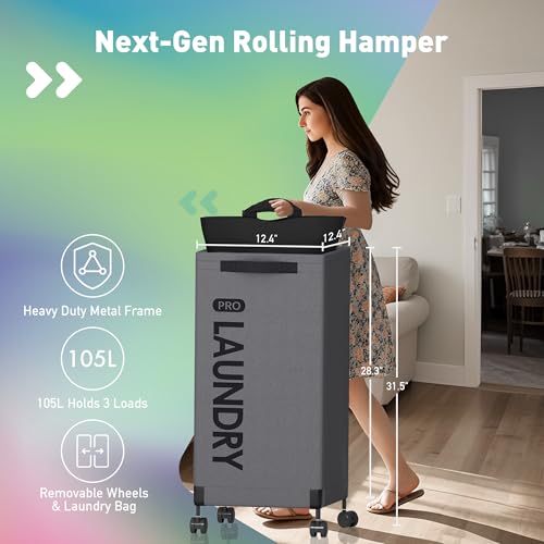 Caroeas Next-Gen 105L Matel Frame Laundry Basket with wheels, Clothes Hamper For Laundry Room (105L,Grey,2Pack) - color: Grey - 2 Pack