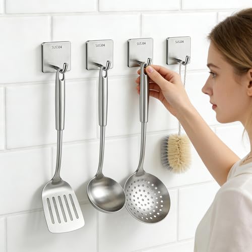 4 Pcs Self Adhesive Towel Hooks, Stainless Steel Sticky Wall Hooks for Hanging, Waterproof Shower Hook for Robe/Clothes, No Drilling Towel Hangers for Bathroom Kitchen Bedroom Office