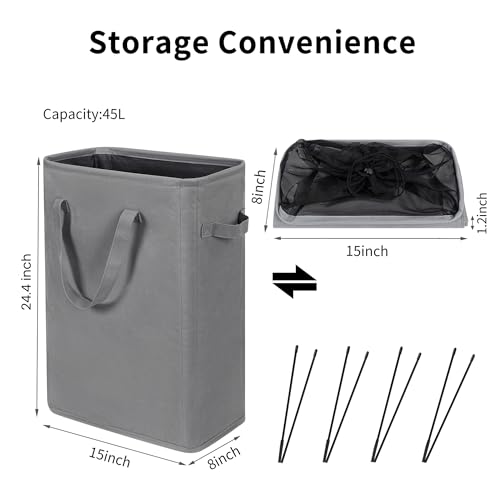 Narrow Laundry Hamper, Skinny Laundry Basket, 45L, Grey, 24" | Slim Laundry hamper for Small Spaces laundry bag with handle, Foldable clothes hampers for laundry basket organizer - color: Gray (With Handles)