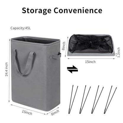 Narrow Laundry Hamper, Skinny Laundry Basket, 45L, Grey, 24" | Slim Laundry hamper for Small Spaces laundry bag with handle, Foldable clothes hampers for laundry basket organizer - color: Gray (With Handles)
