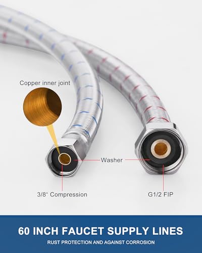 60'' Length Faucet Supply Line, Stainless Steel Braided cUPC Sink Hose with G1/2" FIP x 3/8" Compression Supply Hose for Sink Faucet Bathroom Kitchen Faucet Connector Water Supply Line 2 PCS - size: 60 Inch