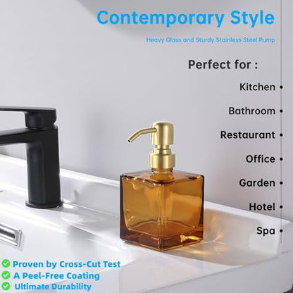 Square Bathroom Soap Dispenser Amber Bottle with Brushed Gold Pump, Retangle Cube 8.4 oz Glass Bottles with Stainless Steel Pump Hand Liquid Soap Dispenser Kitchen - color: Amber Bottle + Gold Pump