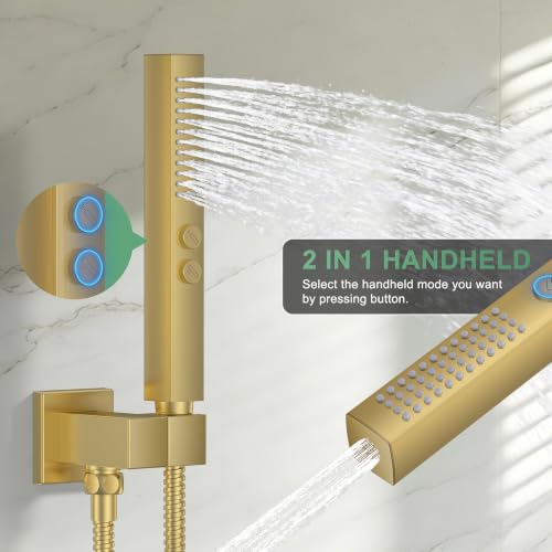 Rain Shower System with Rough-in Valve, Ceiling Mount Shower Faucet Set with 12" & 6" Dual Rain Shower Heads, 2-in-1 Handheld Shower, Tub Spout, 4-Function Complete Shower Fixture,Brushed Gold - color: Brushed Gold, size: Ceiling Mount-12"+6" head with Tu