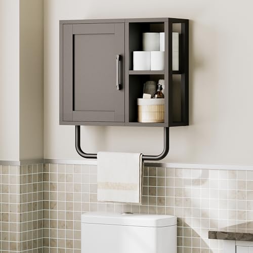 Medicine Cabinet, Bathroom Wall Cabinet with Towel Bar, Adjustable Shelf and Open Partition, Over The Toilet Storage Cabinet, for Bathroom, Laundry Room, Living Room, Kitchen, Black - color: Black