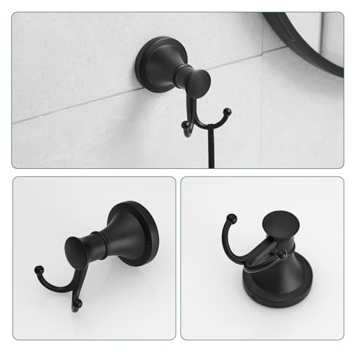 Hoimpro Matte Black 4-Piece Bathroom Bath Set, Wall Mount Bathroom Hardware Fixture (Adjustable Towel Bar Rack, Towel Ring Holder, Paper Towel Holder, Double Towel Hook), Bathroom Accessories - color: Matte Black