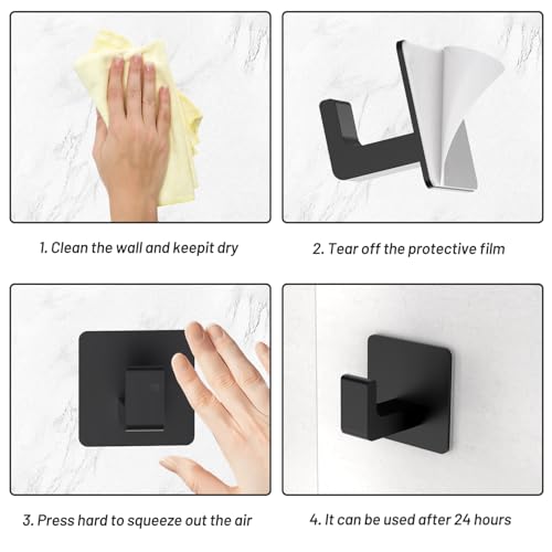 Towel Hooks for Bathroom Adhesive, 4 Pack Matte Black Bathroom Hooks for Towels - Heavy Duty rustproof Towel Hook, sus304 Stainless Steel Adhesive Towel Hooks, Wall Mounted Shower Hooks - color: Black