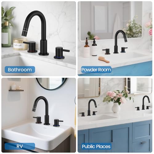 Pull-Down Bathroom Faucet 3 Hole 8 Inch with Pop-Up Drain Matte Black | 360° Swivel Spoutr & Dual Modes,8" Widespread 2-Handle, Pop-Up Drain & 10-Min Install for 3-Hole Bathroom Sink Faucets - color: Matte Black
