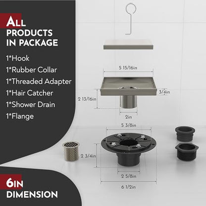 6 Inch Square Shower Drain Nickel Floor Drain with Flange Reversible 2-in-1 Cover Tile Insert Grate Removable SUS304 Stainless Steel CUPC Certified Brushed Nickel - color: Brushed Nickel, size: 6 Inch