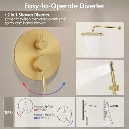 Gabrylly Shower System, 10" Wall Mounted Shower Faucet Set, Brushed Gold | Rain Shower Head with Handheld Spray Combo, All Metal Rainfall Shower Head Complete Set Shower Mixer Valve for Bathroom - color: Gold