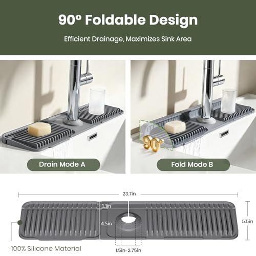24 Inch Faucet Mat for Kitchen Sink, Silicone Splash Guard for Kitchen Sink Area, 7° Slope Fast Self-Draining Sink Mat, Cuttable Hole Design, Sink Backsplash Guard Draining Mat, Dark Grey - color: Dark Grey