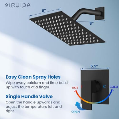 Airuida Matte Black Shower Faucet Set,8 Inch Shower Valve Kit | Square Showerhead,Female Thread Rough-in Valve,Bathroom Rain Shower System,Single Function Handle - color: Matte Black