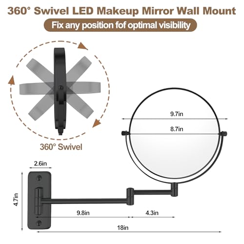 8” Wall Mounted Makeup Mirror with10X Magnification, Double Sided Shaving Mirror Wall Mount for Bathroom, 360° Swivel Extendable Vanity Mirror with Adjustable Arm for Daily Use, Matte Black（No Light）
