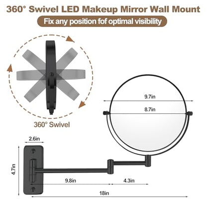 8” Wall Mounted Makeup Mirror with10X Magnification, Double Sided Shaving Mirror Wall Mount for Bathroom, 360° Swivel Extendable Vanity Mirror with Adjustable Arm for Daily Use, Matte Black（No Light）