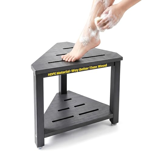Shower Foot Rest 14in, HDPE Waterproof Corner Shower Stool for Shaving Legs with Storage Shelf for Inside Small Shower Spaces, Bathroom Step Stool, Easy Assembly